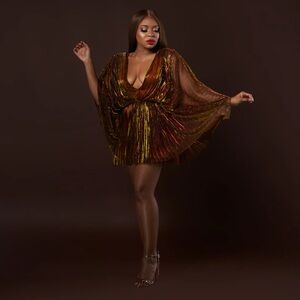 Oyemwen Shimmering Irridescent Gold Copper Brown Flowy Mini Dress Sz Large